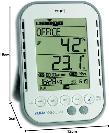TFA Dostmann Climate Logger Pro Professional Thermo-Hygrometer, 30.3039, with Data Logger Function, Alarm Function, Max./Min. Values, professional room climate monitoring, White, L 98 x W 25 (77) x H 137 mm