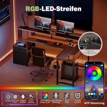 Великий кутовий ігровий стіл у формі L з LED-підсвіткою та полицею, 168x100 см