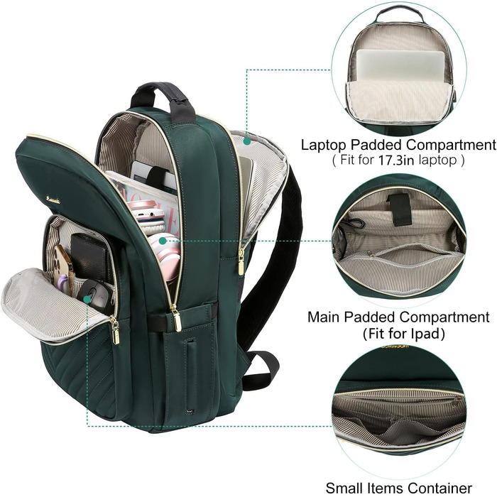 LOVEVOOK Рюкзак для жінок, великий, 15.6 дюймів, для ноутбука, водонепроникний, шкільний, для дівчаток-підлітків, чорний, елегантний, для роботи, для школи, університету, подорожей, 15.6' (17.3 дюймів, темно-зелений)