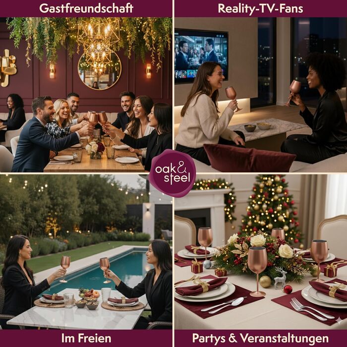 Набір з 4 келихів для вина з нержавіючої сталі Oak & Steel (540 мл) - матовий рожево-золотий/мідний колір - міцні та незламні - подарунковий набір для днів народжень, весіль та Різдва