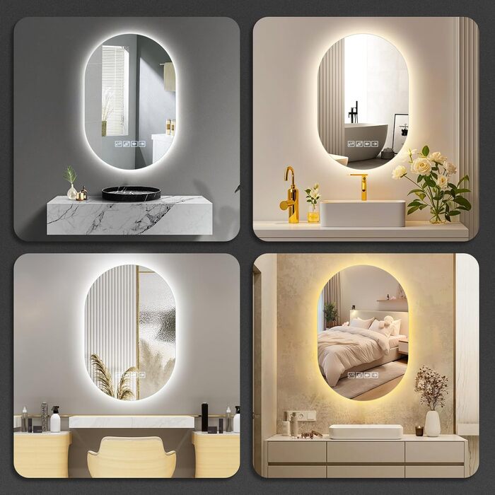 Дзеркало для ванної кімнати з підсвічуванням LED, 60 см, протитуманна функція, Bluetooth, сенсорний вимикач, регулювання яскравості, 3000K/4000K/6500K, HD-загартоване скло, 500x750 мм (овальне)