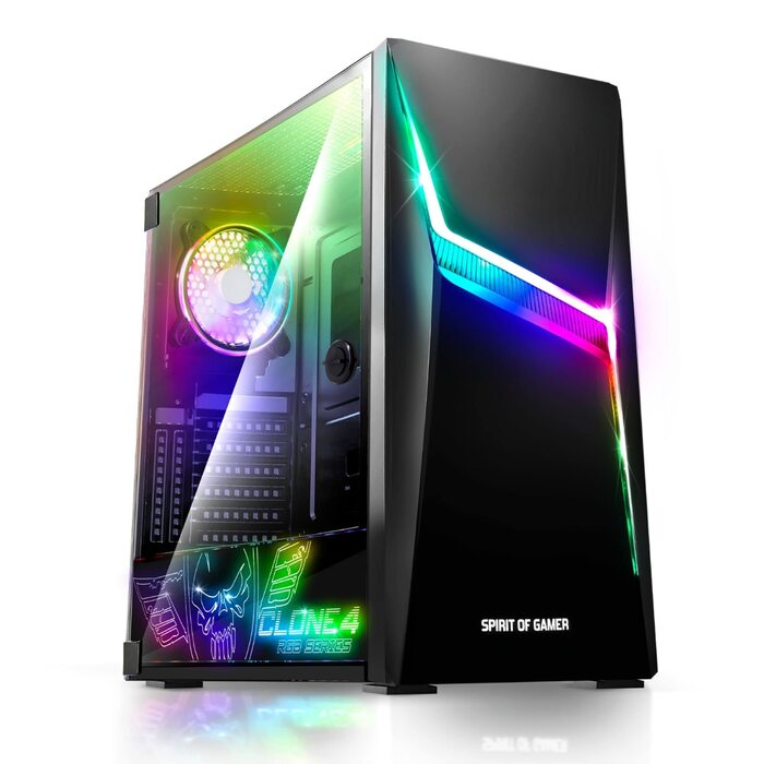 Корпус для ПК Spirit of Gamer Clone 4 RGB з прозорою стінкою з загартованого скла. Підтримує ATX/mATX/ITX. В комплекті 2 вентилятори 120 мм.