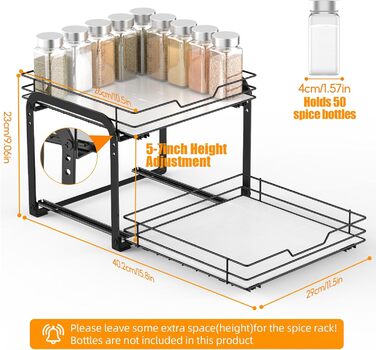 Висувна полиця для спецій на 2 яруси, регульована по висоті, органайзер для кухонної шафи, стояча полиця для спецій, висувна полиця для спецій з наклейками для кухні та робочої поверхні, L26*B23*H23cm (L26xB29xH23cm)