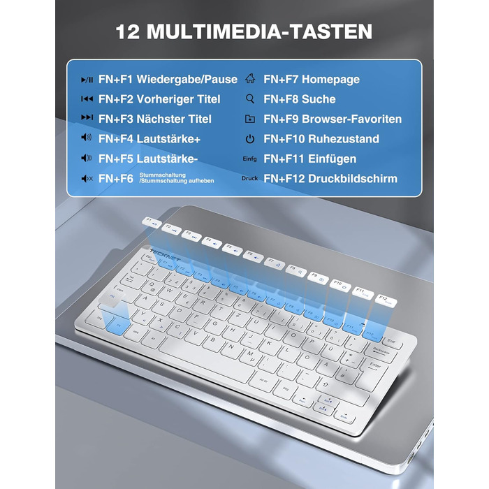 TECKNET Бездротовий комплект клавіатури та миші, QWERTZ, 2.4 GHz, 15м, тиха клавіатура та миша для ПК, ноутбука, Smart TV, білий