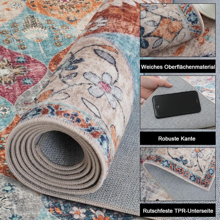 Килим Xfrog Boho з квітами, антиковзкий, праний, м'який, низький ворс, 80x150 см, для вітальні, спальні, дитячої