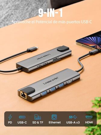 Lemorele USB-C хаб – адаптер USB-C 9 в 1 з алюмінієвим корпусом. Gigabit Ethernet, 4K HDMI, 100W PD, 3 USB-A, USB-C, SD/TF, док-станція для MacBook, iPad, Windows, Switch, Chromecast