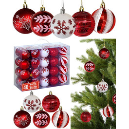 Набір прикрас на ялинку 40 шт. червоно-білі, 6 см, пластикові, з підвісками, небрудні, різноманітні поверхні та візерунки, для внутрішнього та зовнішнього використання