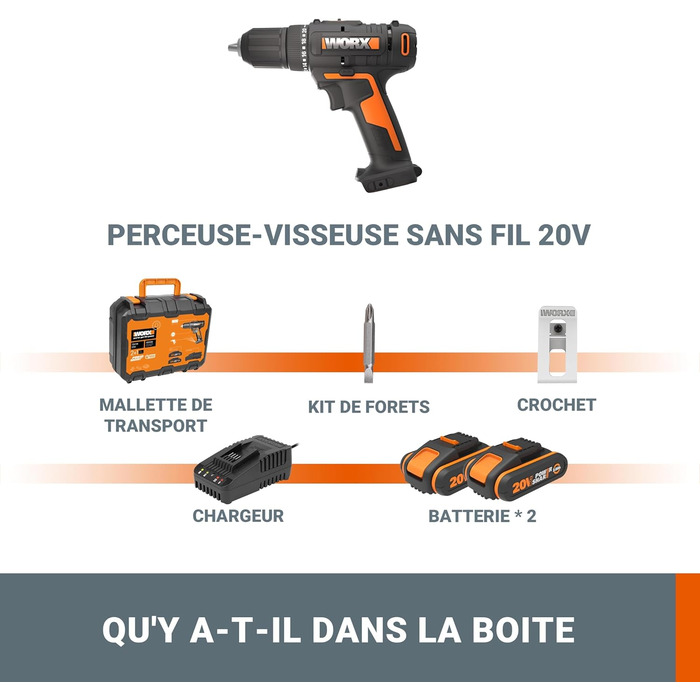 Акумуляторний дриль-шуруповерт WORX WX108 20V – універсальний інструмент для свердління та закручування, 20+1 момент затягування, 40Nm, 13мм патрон, 2 x 2Ah акумулятори, зарядний пристрій