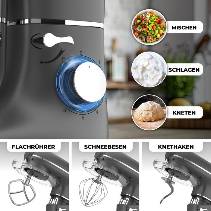 Кухонна машина з тістомісом та машиною для пасти – 2000W, з нержавіючою чашею 6.2L (сіра)