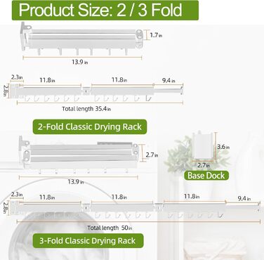 Настінна сушарка для білизни, розкладна, 3-секційна, біла. Максимальне навантаження 68 кг, 120 см (50 дюймів у складеному стані). Економія місця, ідеально для невеликих осель, білий колір.