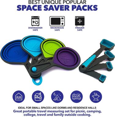 Collapsible measuring cups and spoons, portable measuring cup set made of food-grade silicone for liquid and dry ingredients, dog food, camping, and children's measuring cups