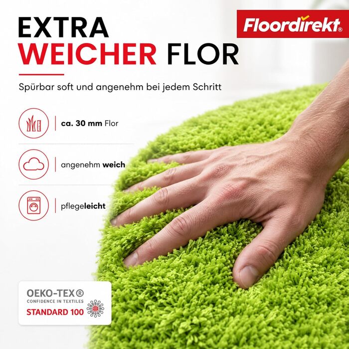 Килимок для ванної кімнати Floordirekt Sky, м'який високоворсовий, протиковзкий та швидкосохнучий, під підігрів підлоги, прямокутний (60 x 100 см, яблучно-зелений)