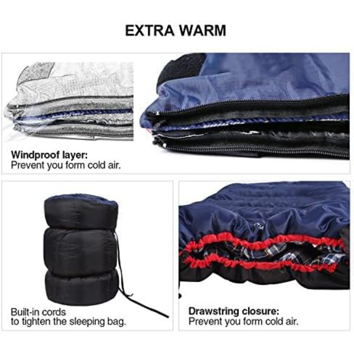 REDCAMP XL Cotton Sleeping Bag - Warm, Detachable Hood, Flannel Comfort, 3-4 Season - Ideal for Adults & Kids, Camping, Fishing, Outdoor Use - Blue (2lbs/3lbs Fill)