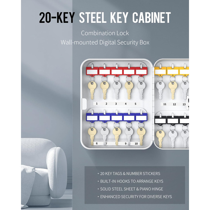 Шкафчик для ключів Uniclife на 60 позицій з комбінацією та ключовим замком, цифровий, з регульованими полицями (20 ключів, білий)