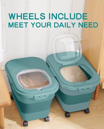 Контейнер для зберігання рису, складний, на колесах, з герметичним кришкою, мірний стакан та лопатка, для продуктів, рису, кормів для тварин, борошна, темно-зелений, 9-13,6 кг