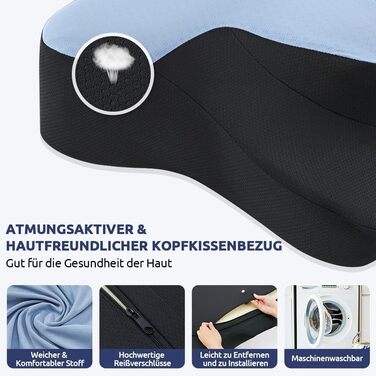 Подушка для шиї DONAMA, подушка для сну з піною з пам'яті, для тих, хто спить на боці, спині та животі, блакитний+чорний, 66×37×13 см