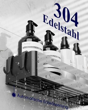 Настінна поличка для душу без свердління Kitsure, 2 шт., чорна, 33.5 x 12.0 x 5.5 см