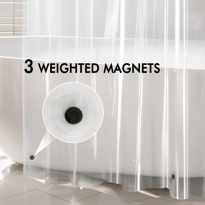 Шторка для душу MIULEE 180x210 см прозора з антигрибковим покриттям, пластикова, водонепроникна, з магнітними вагами, швидковисихаюча, з 12 кільцями, для ванни, 1 шт.