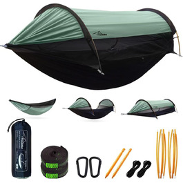 Гамак-намет для кемпінгу з москітною сіткою та сонцезахистом, 290x140 см, великий простір, багатофункціональний, легкий, з ременями для кріплення до дерева, підлоговий намет для відпочинку на природі, пішохідний туризм, зелений