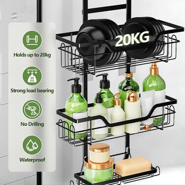 Поличка для душу без свердління, чорна, настінна, для скляних дверей, з 3 кошиками для шампуню та гелю для душу, стильна модель A