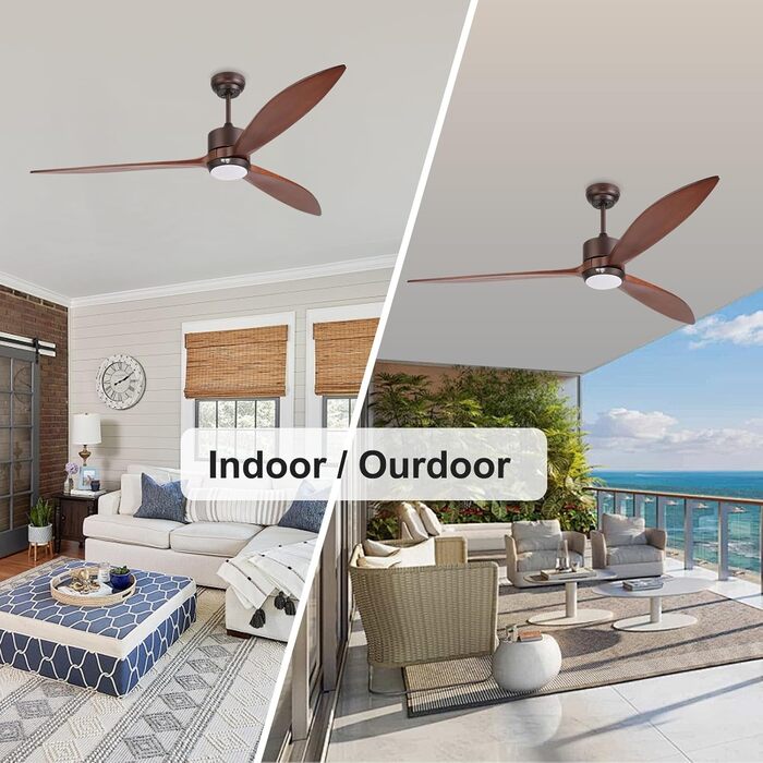 Стеляний вентилятор Reiga з підсвічуванням, 165 см, масивне дерево для зовнішнього використання IP44, диммована LED-лампа та DC-двигун, сумісний з Alexa & Google Home з пультом керування, дерев'яні лопаті, колір: коричневий