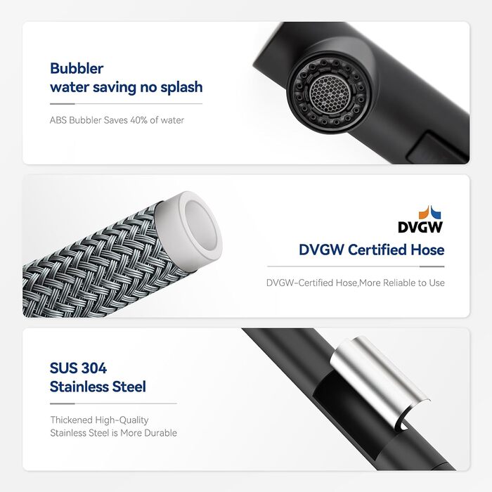 Кран кухонний CECIPA Hochdruck, висувна насадка, двосторонній струмінь, поворотний 360°, з нержавіючої сталі, чорний матовий, ×207B L-подібний, ×2