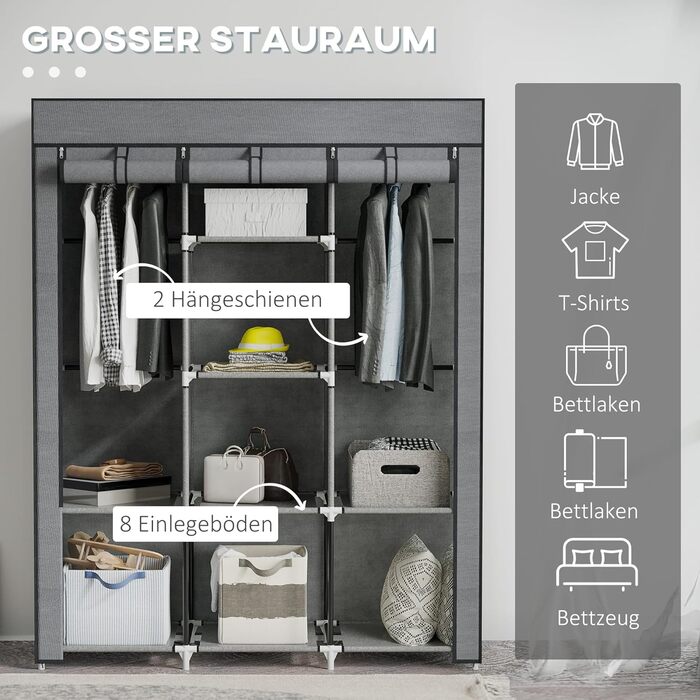 HOMCOM Closet Fabric Wardrobe with Drawers, Clothes Rail and Zipper, Fabric Clothes Storage Unit Folding Wardrobe for Bedroom, Dressing Room, 102 x 42.5 x 162.5 cm, (Dark Grey, 125L x 43W x 162.5H cm)