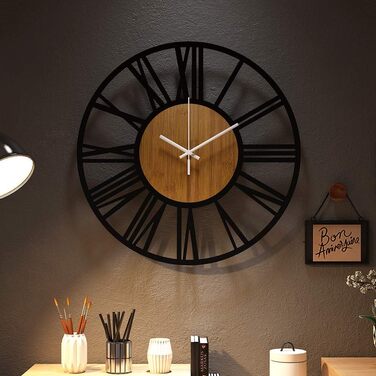 HAITANG Round Wall Clock, Black, 34 cm, for Living Room, Decoration, Vintage Style, Roman Numerals, Silent, Non-Ticking, Wall Clocks for Home, Garden, Office, Cafe Decoration