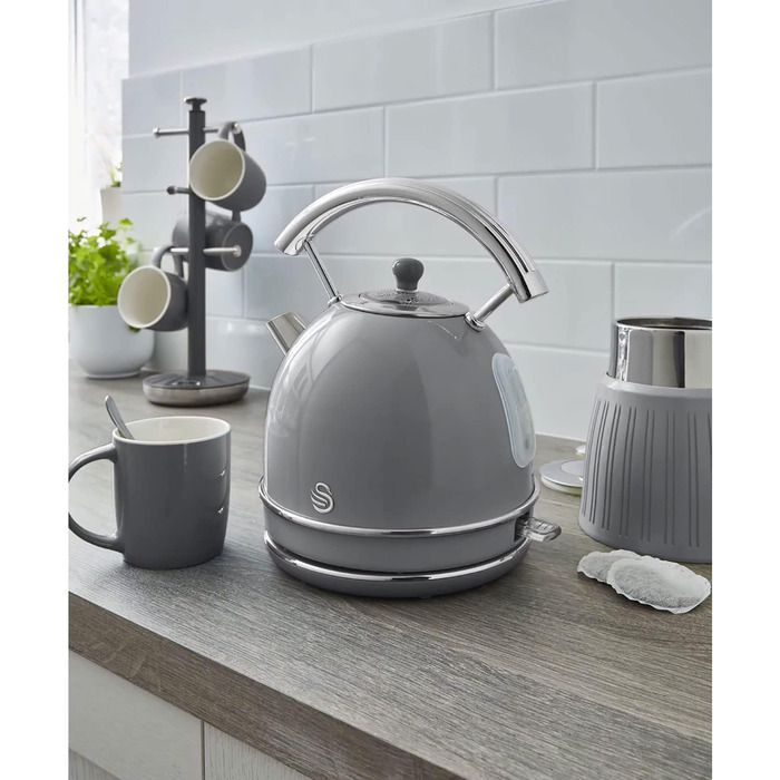 Swan Retro Electric Kettle - 1.8L, Vintage Design, Automatic Shut-Off, Cordless, BPA-Free Stainless Steel, 3000W, Grey