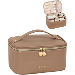 Велика косметичка для жінок, дорожня туалетна сумочка з водонепроникної шкіри, велика косметичка або сумочка для макіяжу з ручкою та знімним роздільником (коричнева)