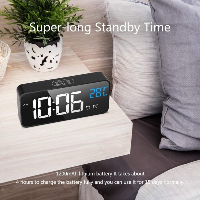 Цифровий годинник MOSUO з LED-дисплеєм, USB-зарядка, показник температури, голосове керування, 2 будильники, відкладений сигнал, регулювання яскравості та гучності (Чорний)