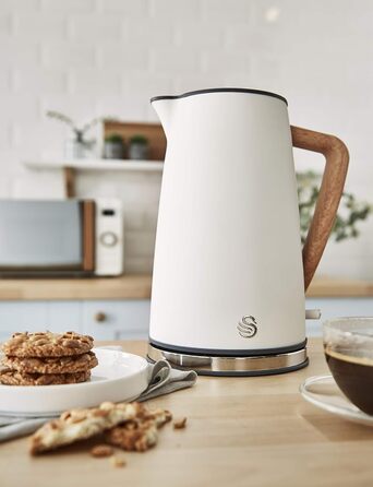 Swan Nordic Ultra Fast Electric Kettle - Wireless, Modern Design, 1.7L, 2200W, Wood-Look Handle, Auto Shut-Off, White - Single Serve