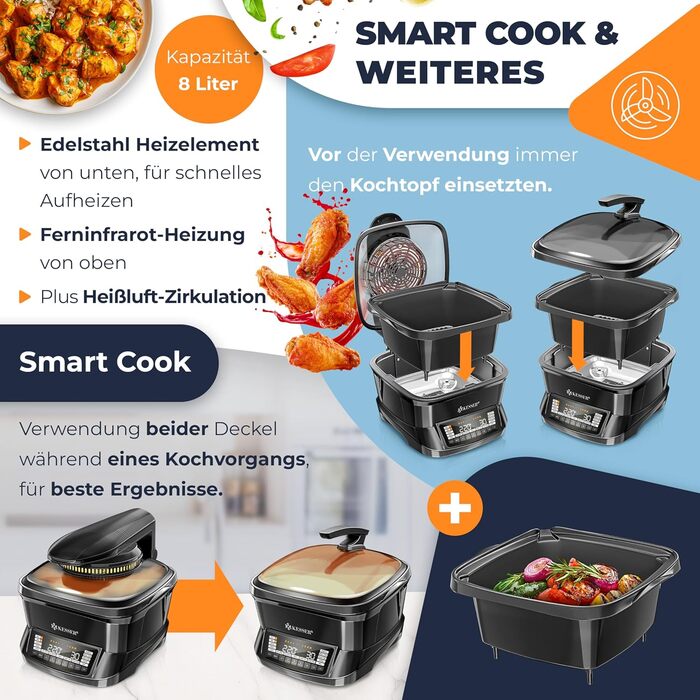 Мультиварка KESSER® 8л з фритюрницею та 16 програм: приготування на грилі, випічка, тушкування, варіння на пару, функція підігріву та швидкої приготування, рисоварка, йогуртниця, чорний