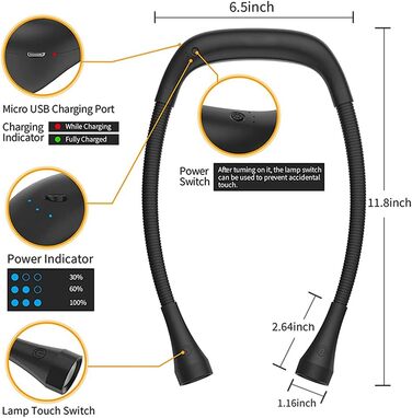 Ліхтарик для читання LED USB акумуляторний, диммер 3 режими, для рукоділля, ремонту, шиття, майстерні, риболовлі (Чорний, 2000mAh)