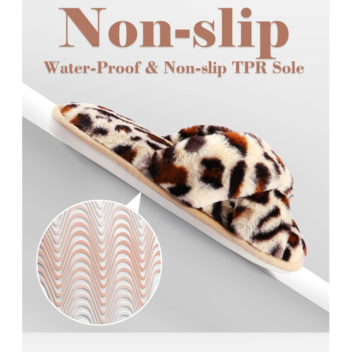 Тапочки халатні жіночі Ankis з плюшу, з перехресними ремінцями, зимові, теплі, з пам'яттю ефекту, з відкритим носком, пухнасті, для дому та вулиці (білі, чорні, сірі, верблюжі), розмір 38/39 EU, з принтом леопарда