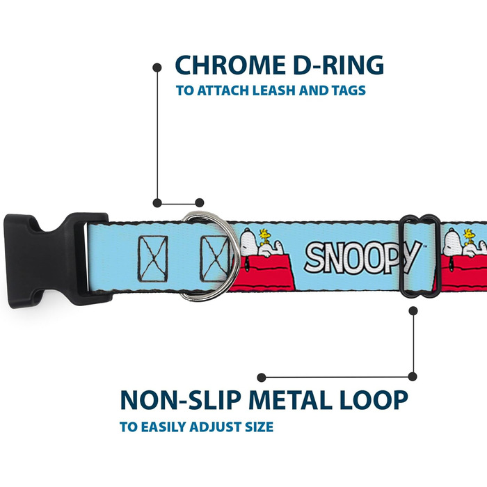 Нашийник для собак Peanuts Snoopy та Woodstock з пластиковою застібкою, блакитний, ширина 1,3 см, розмір S (17,8-21,6 см)