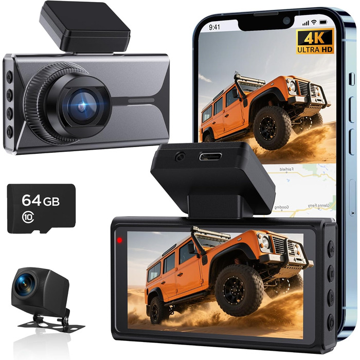 Відеореєстратор Antfutre Dashcam Auto Vorne Hinten 4K+1080P з GPS, WiFi, HDR, G-Sensor, 24/7 Parküberwachung, Loop-Aufnahme MXC-857-64GB