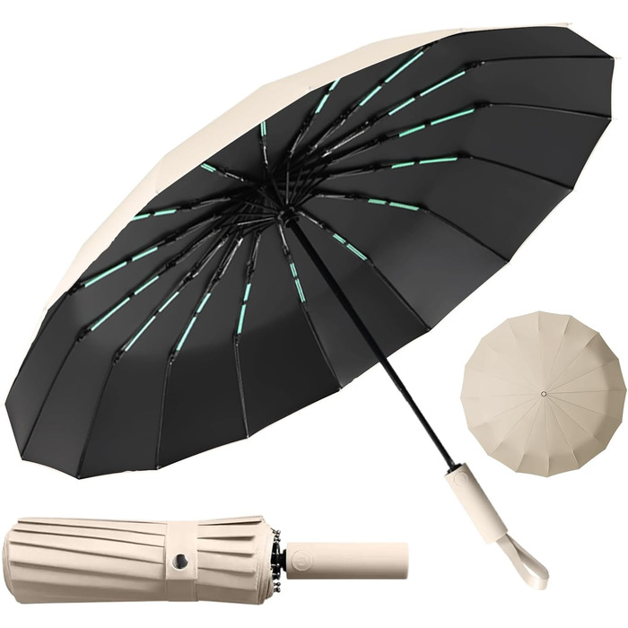 Стійкий до вітру парасолька-тростина, автоматичний, великий, 16 ребер, тефлонове покриття, захист від УФ, бежевий