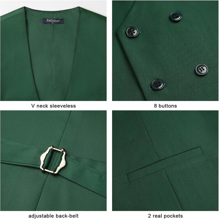 Чоловіча жилетка Enision з двома рядами ґудзиків, V-подібний виріз, Slim Fit, для костюма, повсякденного та ділового стилю (M, Зелений)