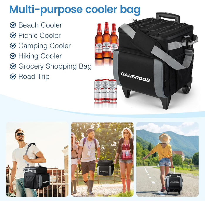 Ізольований холодильник на колесах 48 літрів для пікніка, кемпінгу, риболовлі, пляжу - сірий/чорний