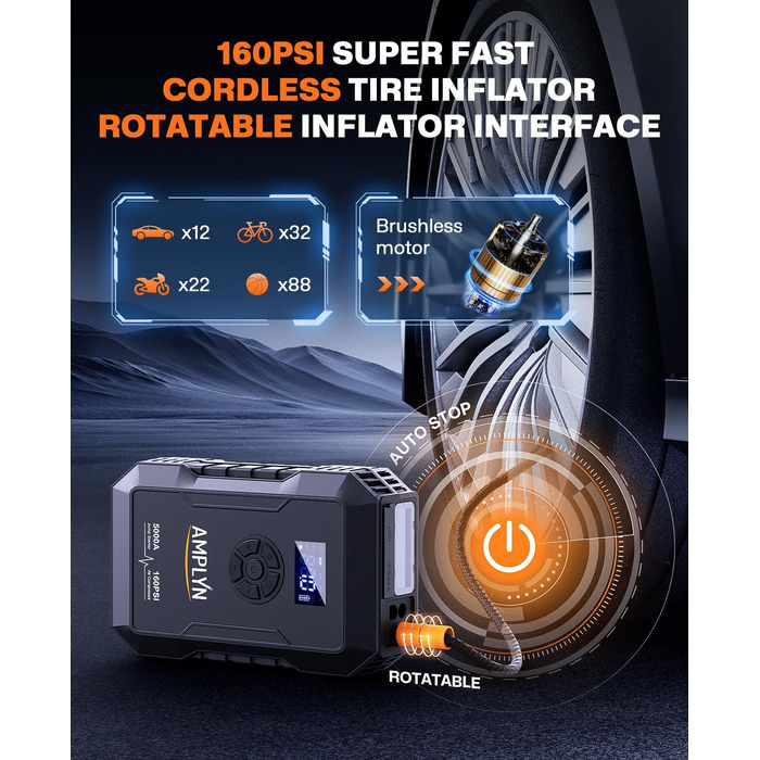 Пусковий пристрій для авто (Бустер) з компресором 160 PSI, 5000A, 12V, портативний Jump Starter для бензинових та дизельних двигунів (до 10л), Type-C, ліхтарик