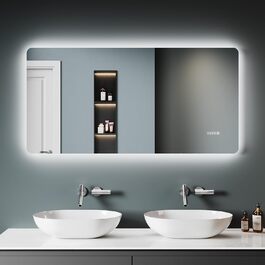 Дзеркало для ванної кімнати SONNI з підсвічуванням 120x60 см, 3 кольори світла, антизапарник, годинник, температура, LED, сенсорне управління, білий