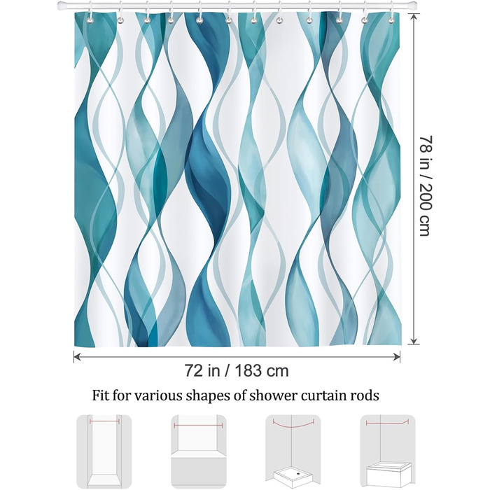 Шторка для душу Bonhause 180x180 см, водонепроникна, антигрибкова, смугаста, поліестер, з кільцями (180x180 см, 1 шт., бірюзовий)