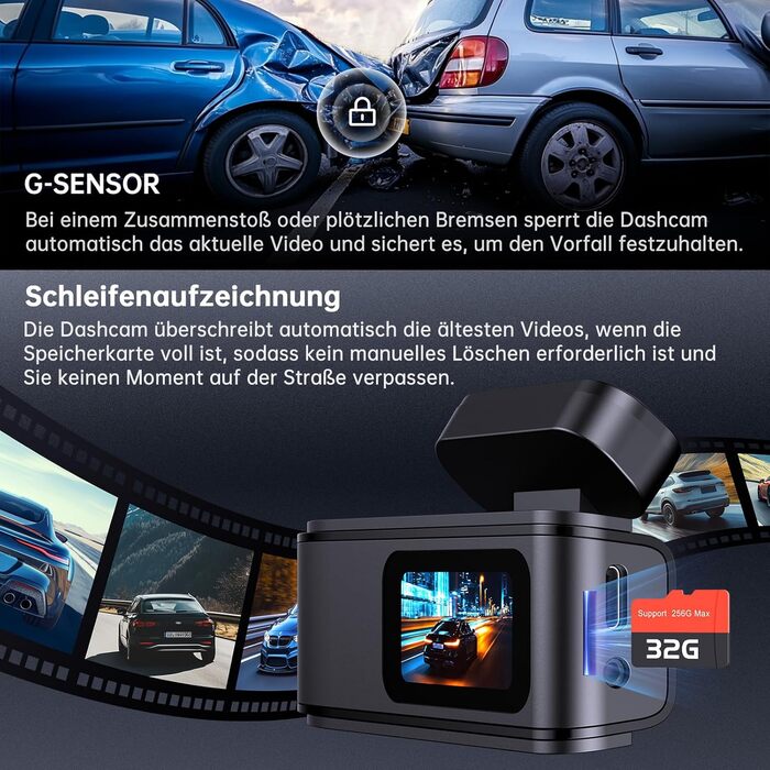 Автомобільний відеореєстратор Dashcam Dual 2.5K + 1080P з WiFi, 32GB SD-картою, ширококутним об'єктивом 170°, нічним баченням та датчиком удару G-сенсором, чорний