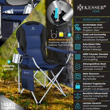 Крісло для кемпінгу KESSER® розкладне, до 150 кг, для риболовлі, з підлокітниками, високою спинкою, пляшкотримачем, світлом, сумкою та стаканчиком, хакі (темно-синій/чорний)