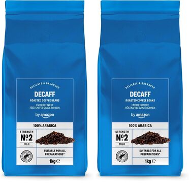 Кава в зернах Amazon Decaf, 100% Арабіка, середній обсмаження, без кофеїну, 2 кг (2 упаковки по 1 кг)