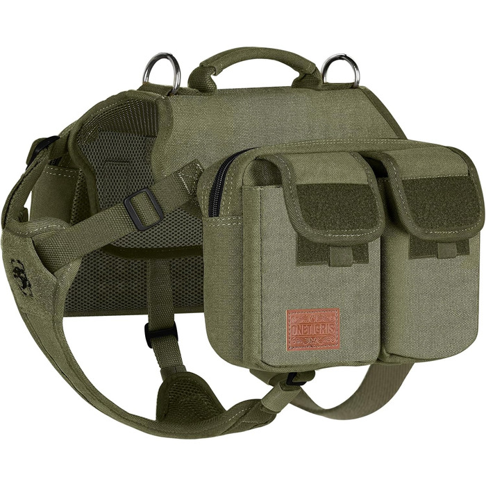 Шлейка для собак OneTigris з рюкзаком Hoppy Camper 3.0, зелена, для середніх/великих собак, рюкзак для собак з 2 основними та 4 додатковими кишенями