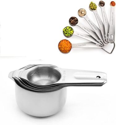 Uadme Measuring Spoon Measuring Cup Set, 7-Piece Stainless Steel Measuring Cup Set Stackable Measuring Spoons with D-Rings for Measuring Dry and Liquid Ingredients