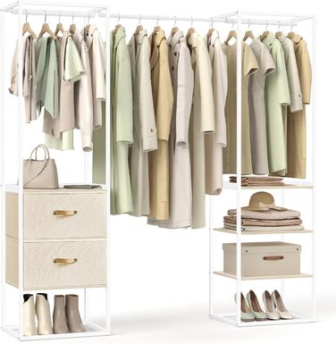 SONGMICS Clothes Rack, Open Wardrobe, High-Load-Capacity Coat Rack, 1 Extendable Rod, 2 Drawers, 4 Shelves, for Bedroom, Space-Saving, Natural Beige RGR003W67