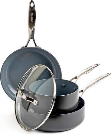 Набір посуду GreenPan Valencia Pro з антипригарним покриттям Harteloxierte Ceramic, 4 шт. (каструля, сковорода, сочевиця), не містить PFAS, з нержавіючою ручкою, для індукційних плит, придатний для миття в посудомийній машині та духовці, сірий